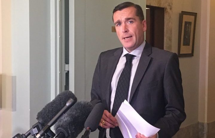 Alan Mullen, chief of staff to Speaker Darryl Plecas, speaks to reporters.