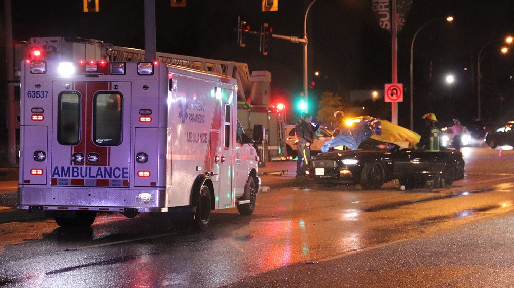 Police and paramedics on scene of a fatal crash in Surrey early Sunday, Sept. 8, 2019.