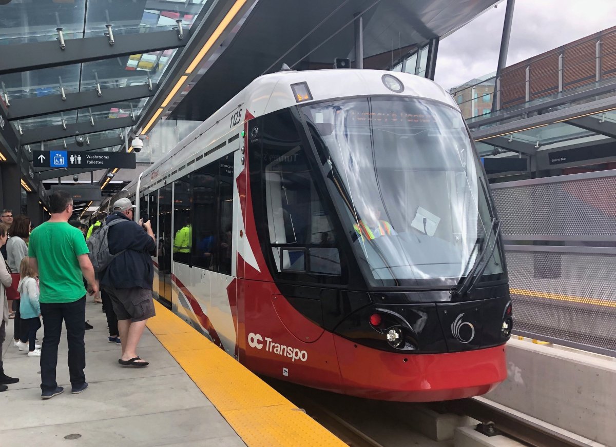 A Confederation Line LRT train arrives at Tunney's Pasture station on Saturday, Sept. 14, 2019.