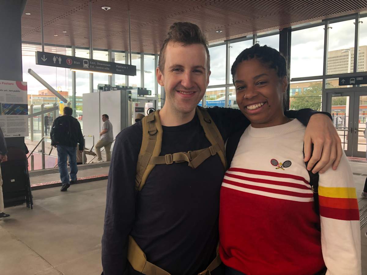 James Casselman (left) and Shirley Bien-Aimé (right) came into Tunney’s Pasture station within the first half-hour of the Confederation Line’s opening. They said they hope the LRT will make their commute faster and more efficient.