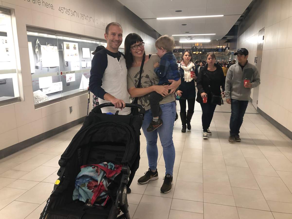 Graham Thomas (left) and his family boarded the new Confederation Line at Bayview Station, rode it to Blair and hopped off at Rideau Station downtown. “It was easy at Bayview to get in with the stroller,” he said.