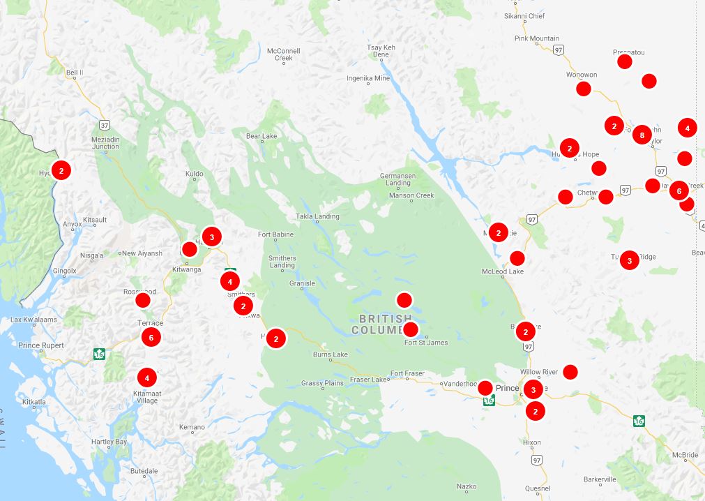 Outages shown on a map of northern B.C. on Sept. 11, 2019. Many of the dots represent thousands of customers without power.