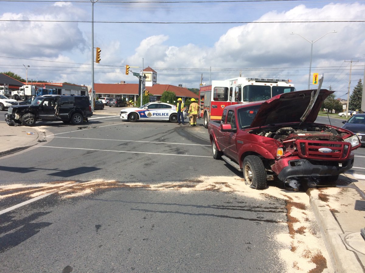 A two-vehicle collision at the intersection of Lansdowne Street and The Parkway sent one person to hospital on Wednesday.