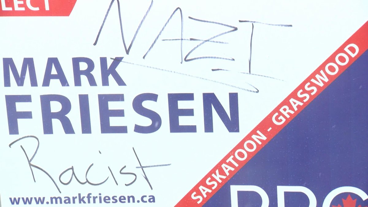 Several of Saskatoon-Grasswood PPC candidate Mark Friesen's signs have been defaced with Swastikas and words like 'racist'.