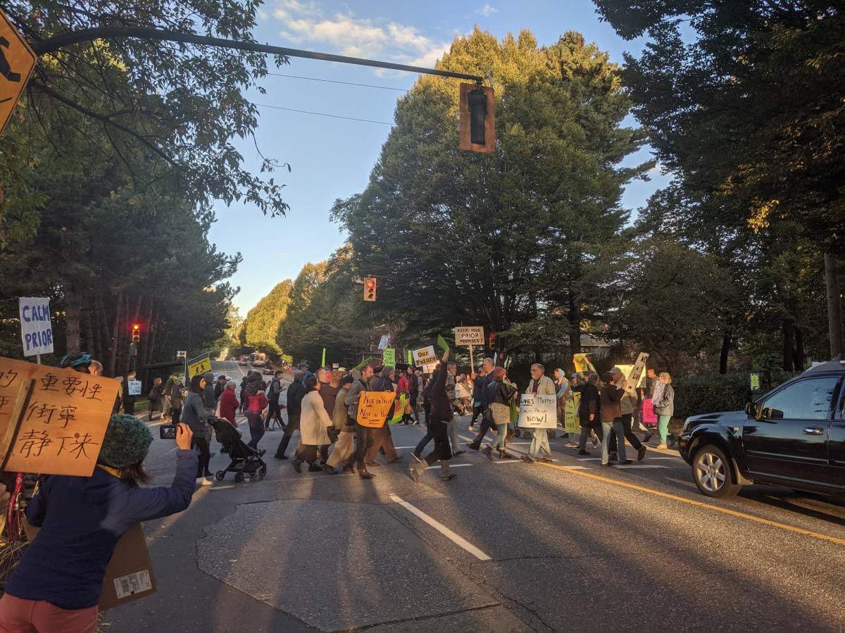 Strathcona residents protest against a plan to make Prior Street the permanent future arterial into downtown Vancouver on Sept. 30, 2019.
