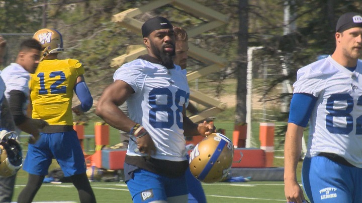 Receiver Rasheed Bailey practices with the Winnipeg Blue Bombers.