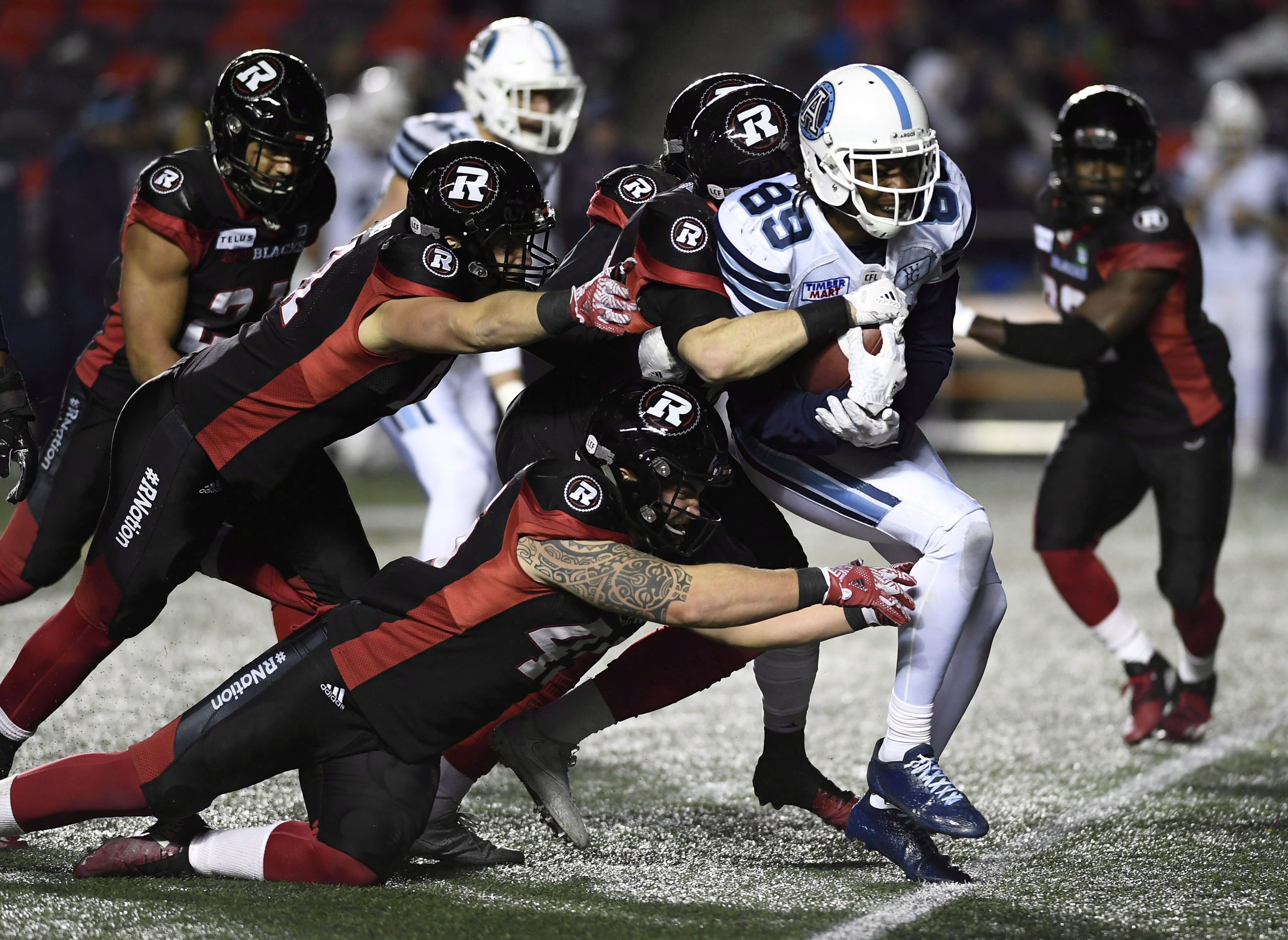 Argos clinch playoff berth by crushing Redblacks 45-15 in Ottawa