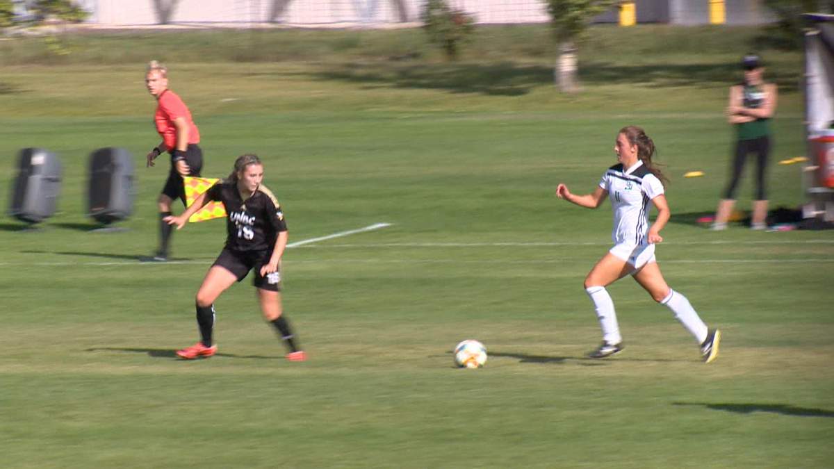 Fourth-year forward Maya Gabruch (right) has found the back of the net five times so far this season for the Saskatchewan Huskies women’s soccer team.