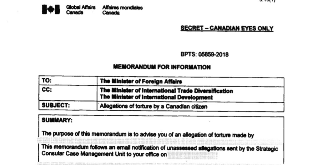 A torture memo sent to Foreign Affairs Minister Chrystia Freeland last year.