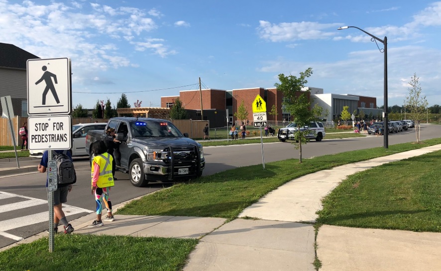 Students at Sir Arthur Currie Public School were encouraged to walk to school Friday morning.
