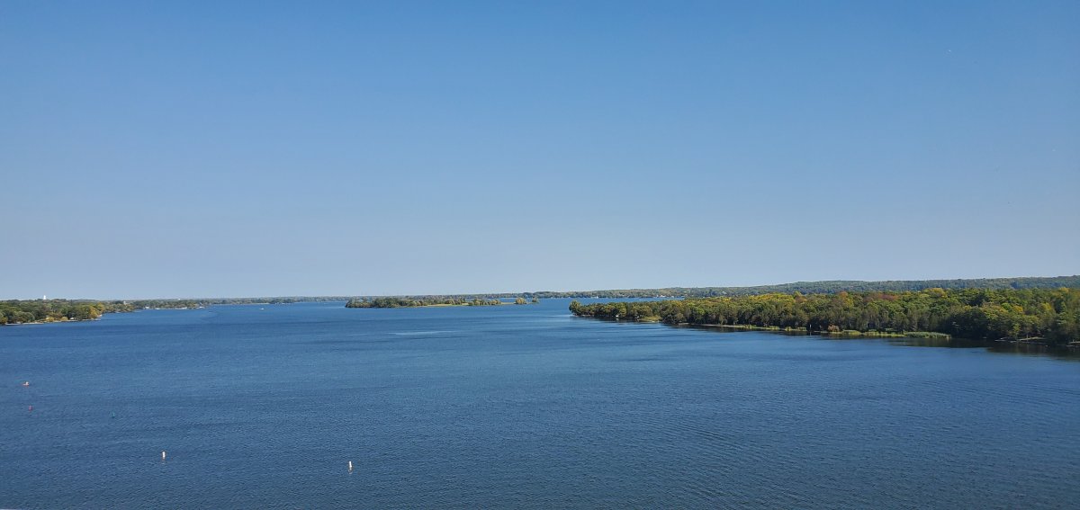 View of the Bay of Quinte and Prince Edward County from the Skyway Bridge. 