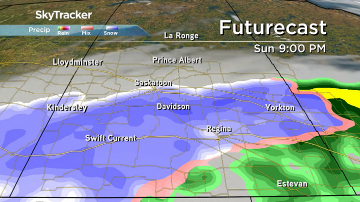 Snow arrives in Regina Sunday morning, sliding into the Saskatoon area by evening.