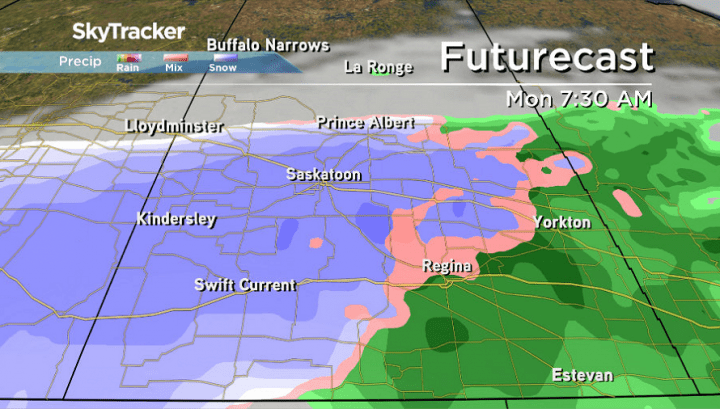 Some of the heaviest snow is expected in the Saskatoon area early Monday morning.