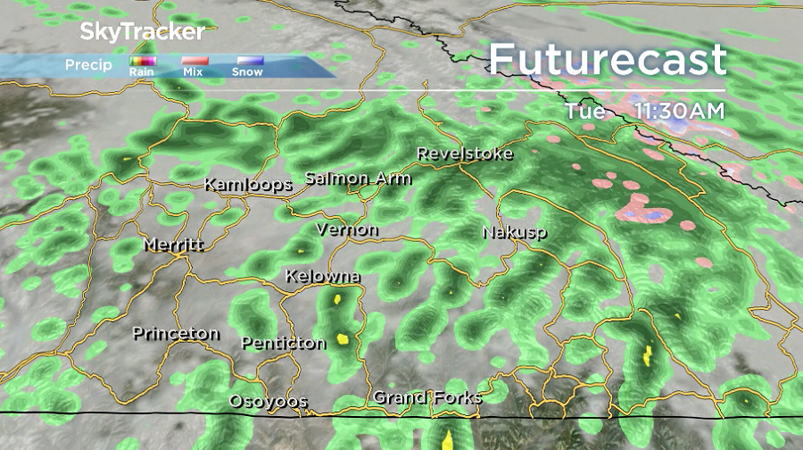 Spotty showers stick around all day on Tuesday with a risk of a thunderstorm later on.