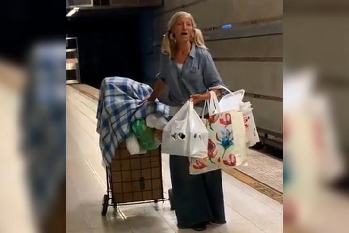 Emily Zamourka, 52, is shown singing at the Wilshire and Normandie Purple Line station in Los Angeles in this video posted online Sept. 26, 2019.