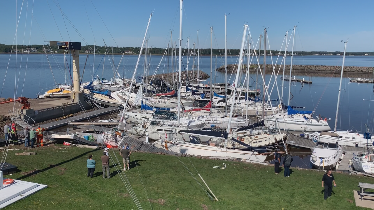 The view from above at the Shediac Bay Yacht Club before crews and club members started removing docks and boats from the water Monday.