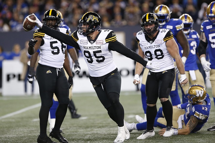 Hamilton Tiger-Cats' Julian Howsare (95) celebrates his sack of Winnipeg Blue Bombers quarterback Chris Streveler (17) during the first half of CFL action in Winnipeg on Friday, September 27, 2019. 