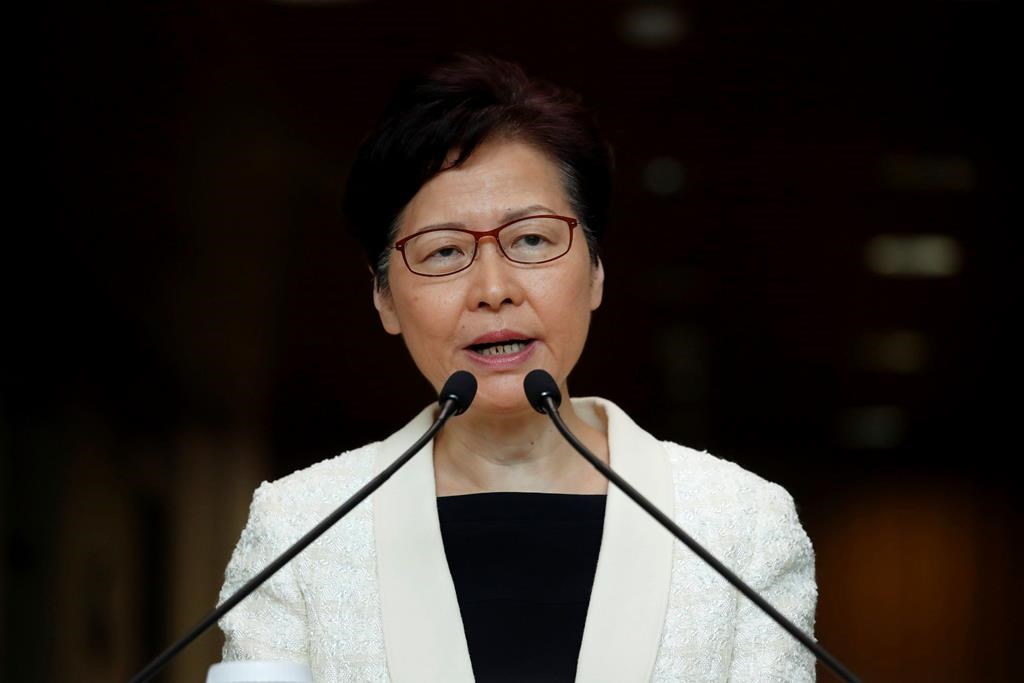 In this Sept. 3, 2019, file photo, Hong Kong Chief Executive Carrie Lam speaks during a press conference in Hong Kong.