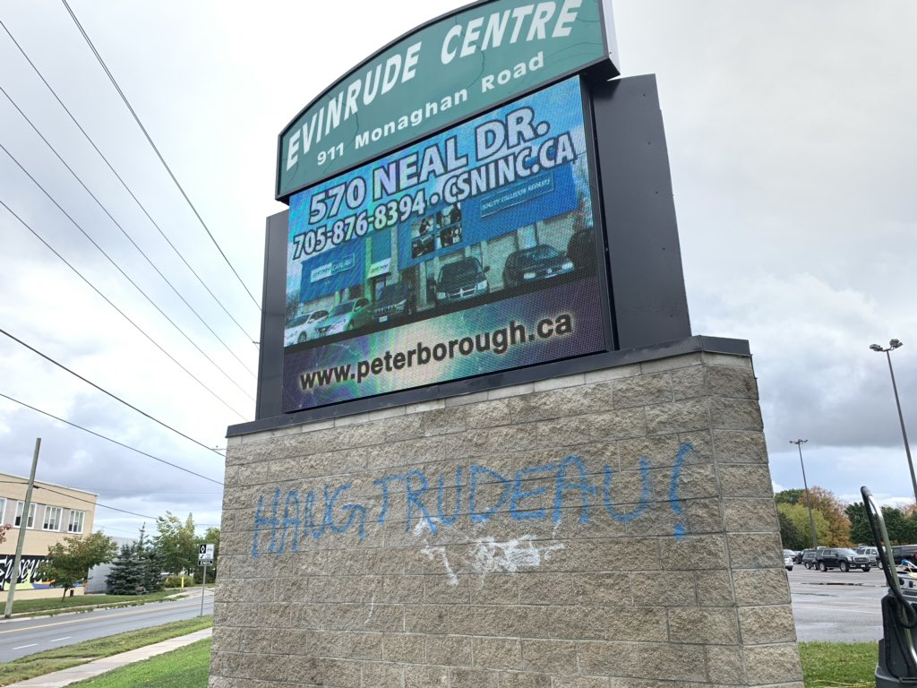 Graffiti was found on a sign outside the Evinrude Centre in Peterborough on Thursday, Sept. 26.