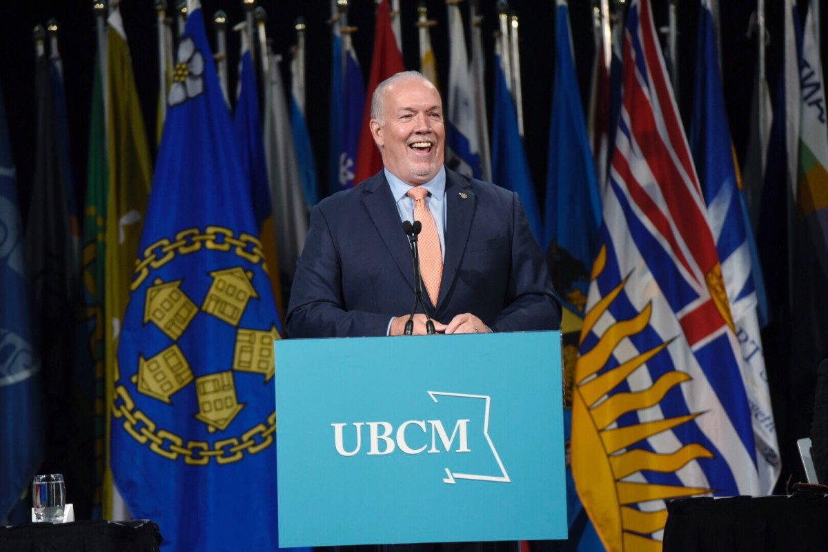Premier John Horgan delivers the closing address to the Union of B.C. Municipalities convention in Vancouver on Sept. 27, 2019.