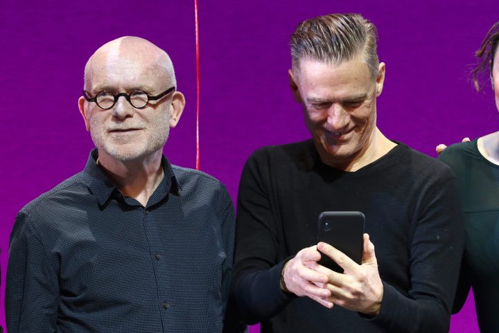 Jim Vallance and Bryan Adams appear on stage during a photo opportunity to celebrate the 200th performance of ‘Pretty Woman: The The Musical’ on Broadway at the Nederlander Theater in New York on Feb. 13, 2019.