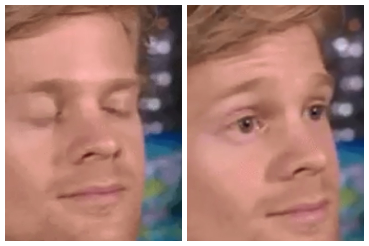 Drew Scanlon blinks in astonishment in this viral reaction GIF.