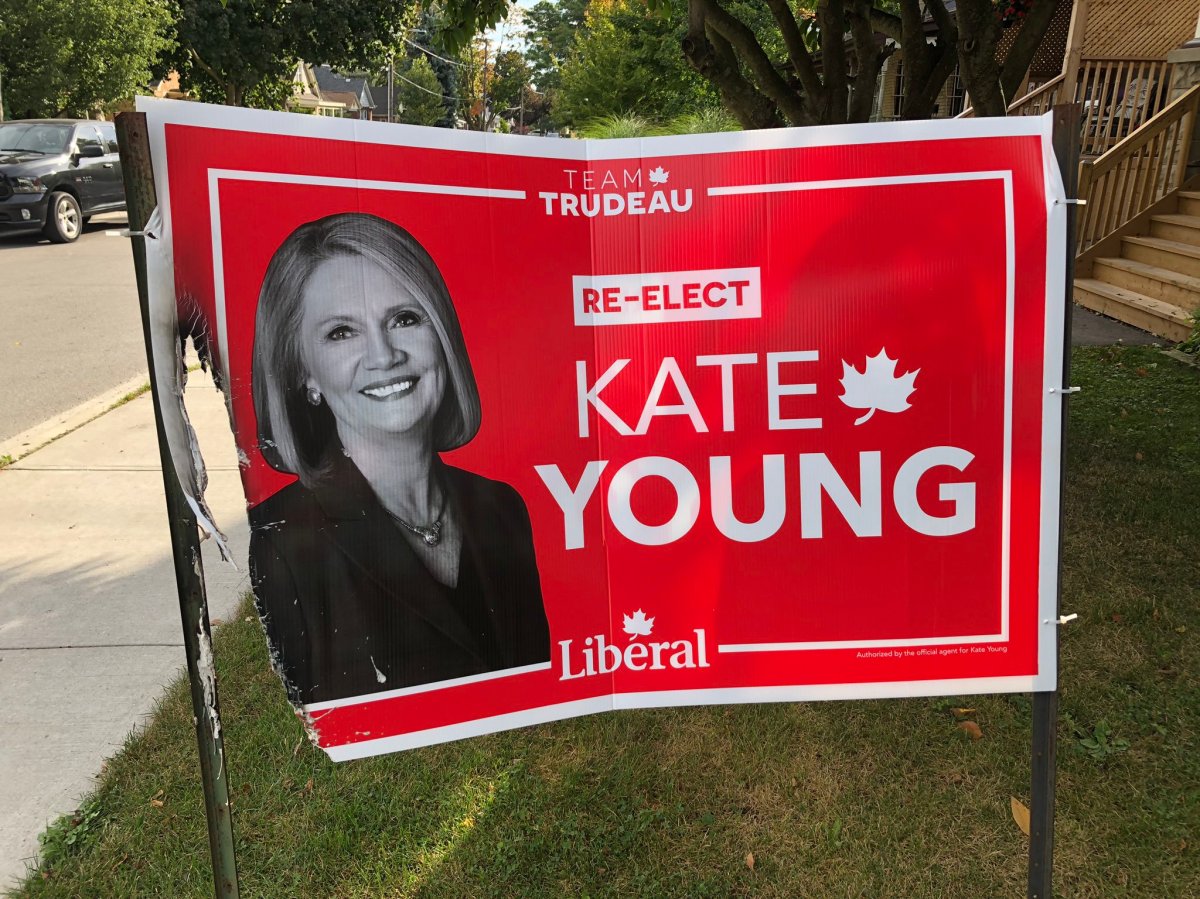 London police say three election signs were set on fire overnight Sept. 25. London West Liberal incumbent Kate Young confirmed on Twitter that the damaged signs were hers.