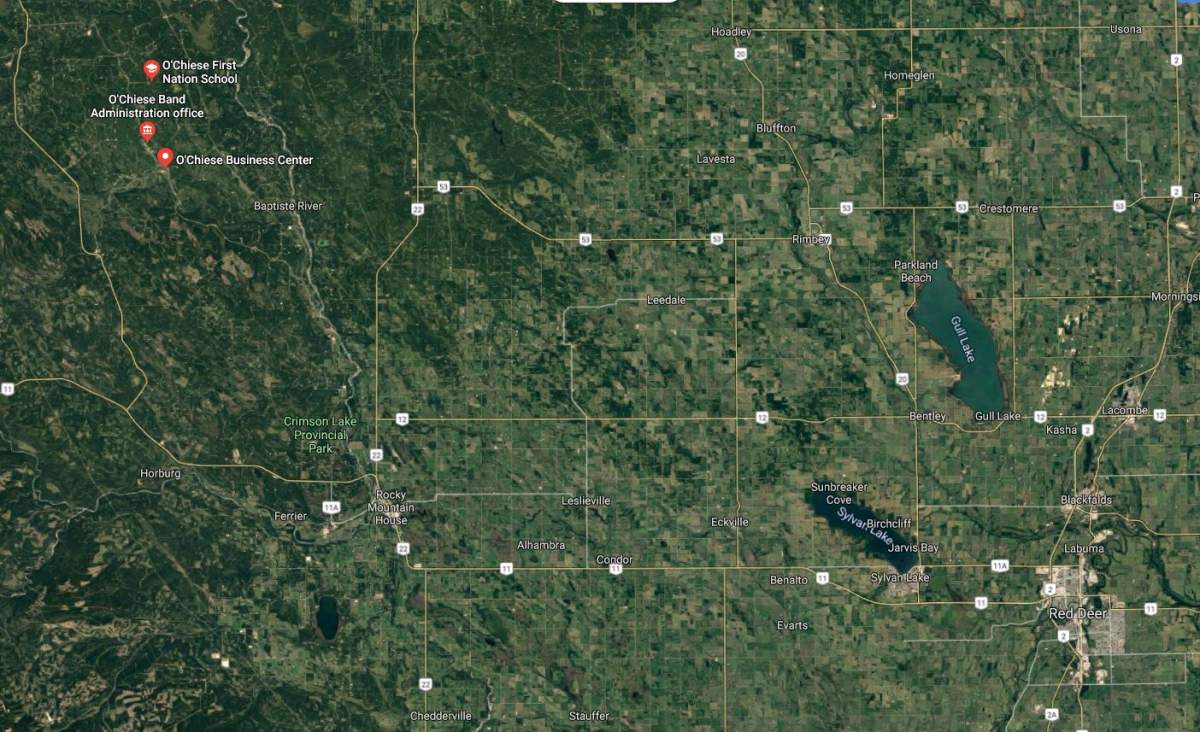 O'Chiese First Nation is near Rocky Mountain House, about 140 kilometres northwest of Red Deer, Alta.