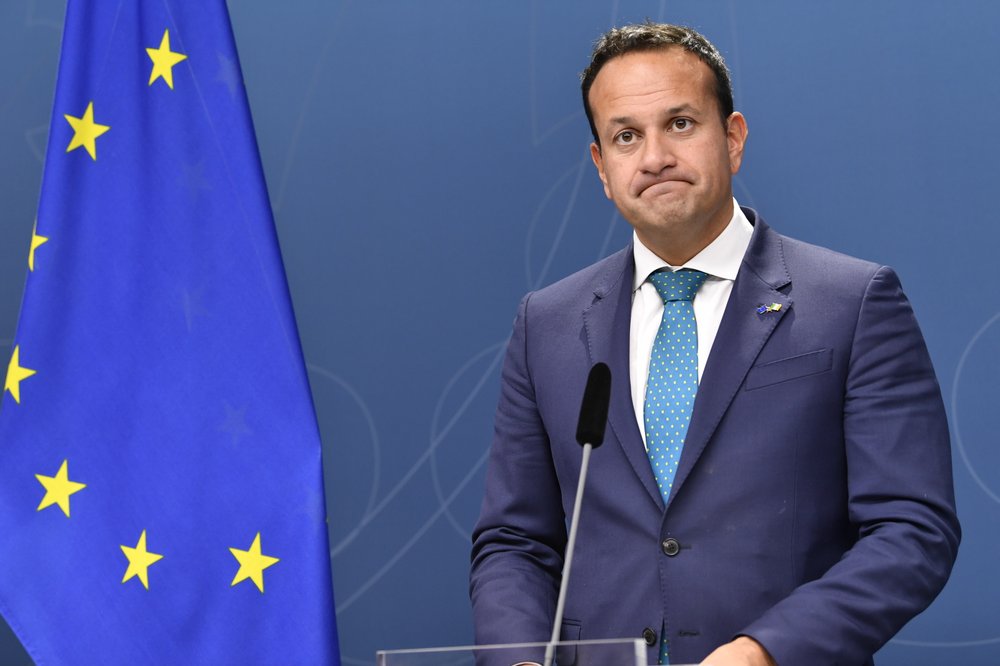 Irish Prime Minister Leo Varadkar grimaces during a press conference with Swedish Prime Minister Stefan Lofven in Stockholm, Thursday, Oct. 3, 2019.