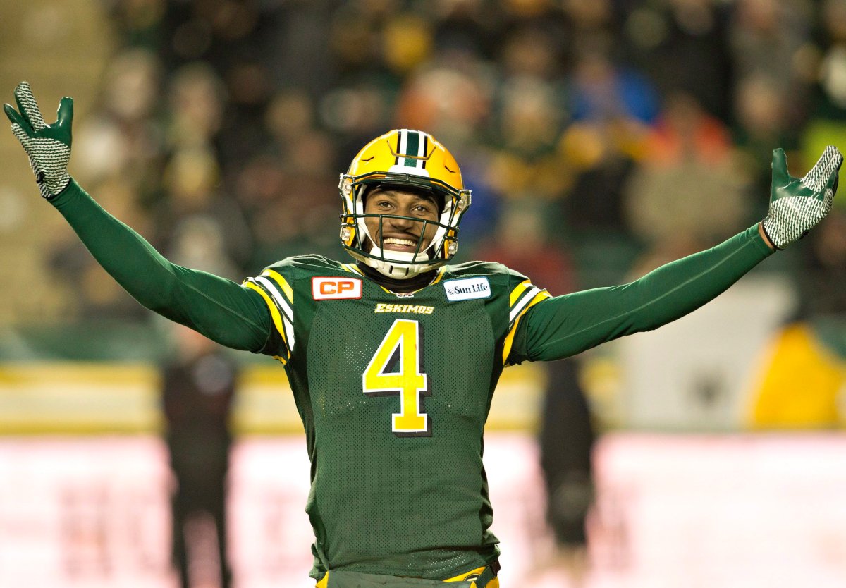 Edmonton Eskimos' Adarius Bowman (4) celebrates a play against the Calgary Stampeders during second half action of the CFL West Division final in Edmonton, Alta., on Sunday November 22, 2015. 