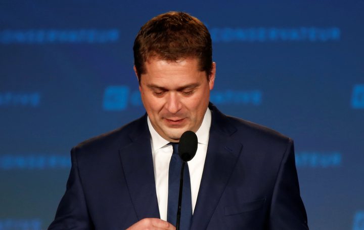 Conservative leader Andrew Scheer addresses supporters after he lost to Justin Trudeau in the federal election in Regina, Sask., Oct. 21, 2019. 