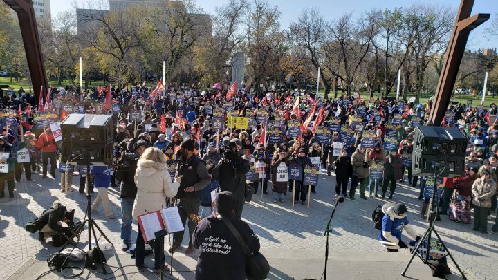Approximately 1,000 striking Crown corporation employees rallied in Regina's Victoria Park in this Oct. 11 image.