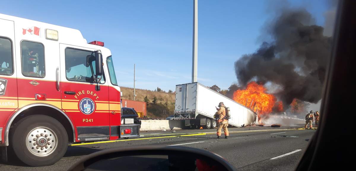 A truck caught on fire after a multi-vehicle accident on the QEW near Bronte Road and Burloak Drive.