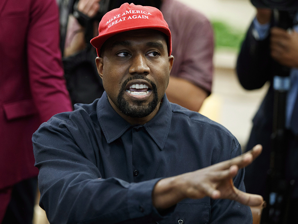 In this Oct. 11, 2018, file photo, Rapper Kanye West speaks during a meeting in the Oval Office of the White House with President Donald Trump, in Washington.