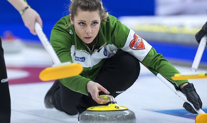 Saskatchewan skip Robyn Silvernagle relaeses a rock as they play Ontario in semifinal action at the Scotties Tournament of Hearts at Centre 200 in Sydney, N.S., on Feb. 24, 2019. 