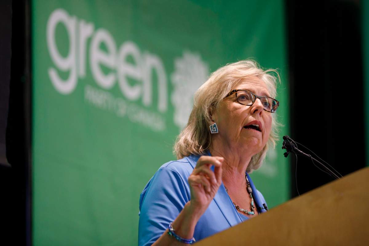Green Party of Canada leader Elizabeth May speaks in Toronto prior to a fireside chat about the climate, Tuesday, Sept. 3, 2019.