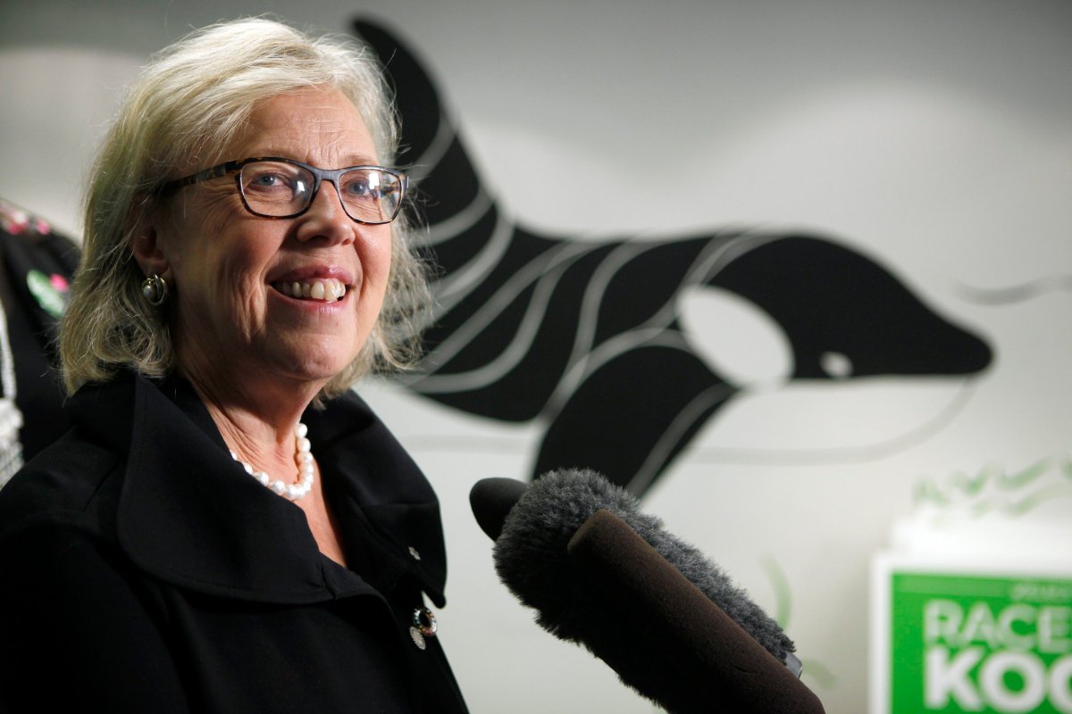 Green Party leader Elizabeth May announces a guaranteed livable income policy for seniors during a press conference  in Victoria, B.C., on Thursday, October 3, 2019.