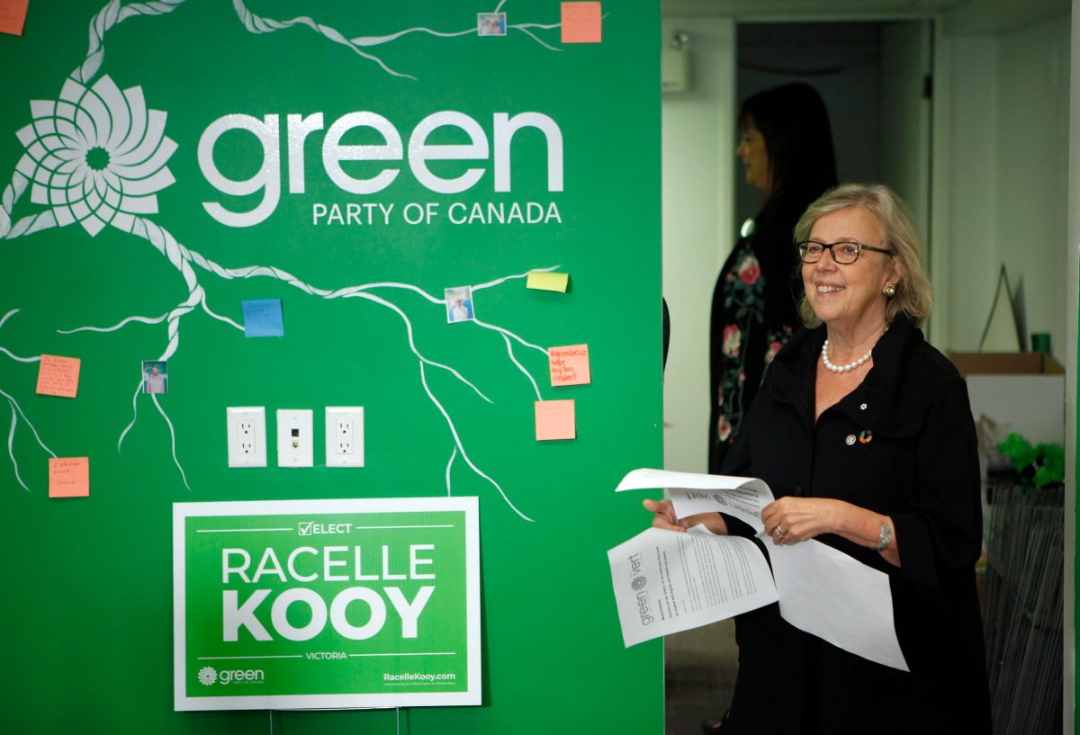 Green Party leader Elizabeth May arrives to announce a guaranteed livable income policy for seniors during a press conference in Victoria, B.C., on Thursday, October 3, 2019. 