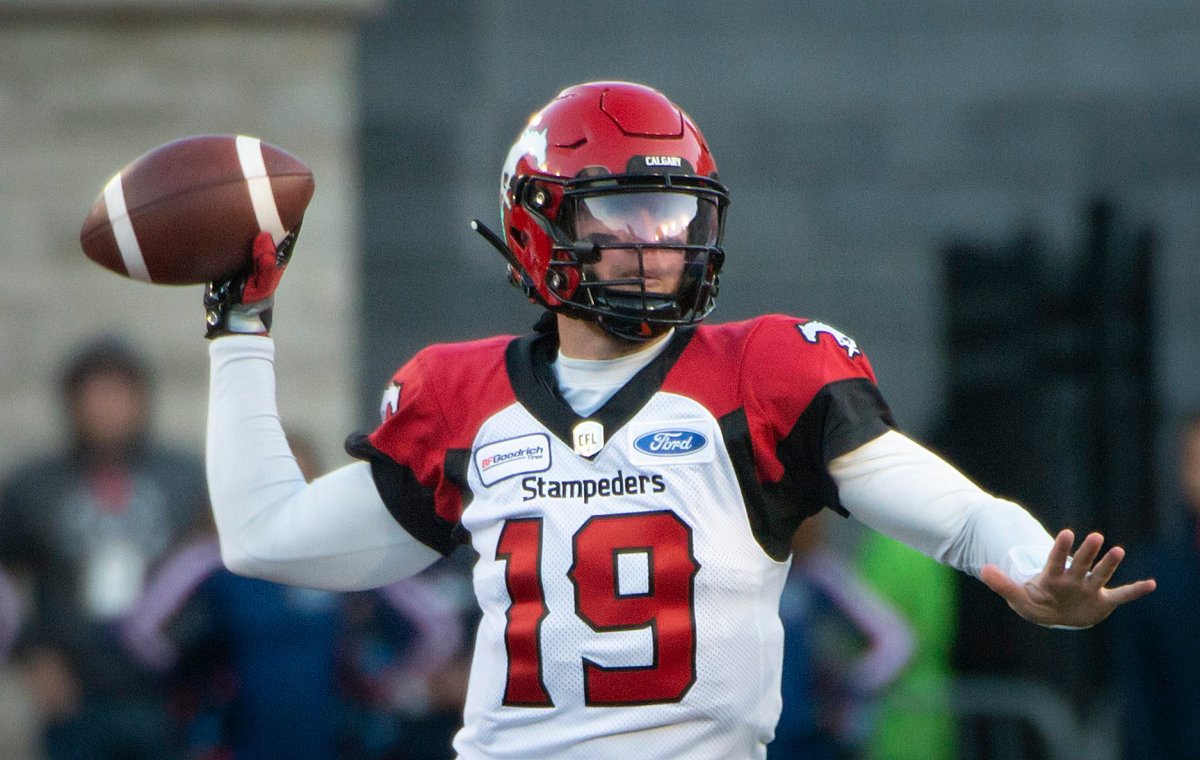 Calgary Stampeders Bo Levi Mitchell sends the ball down field during 2nd half CFL action against the Montreal Alouettes  in Montreal Saturday July 20, 2019.  