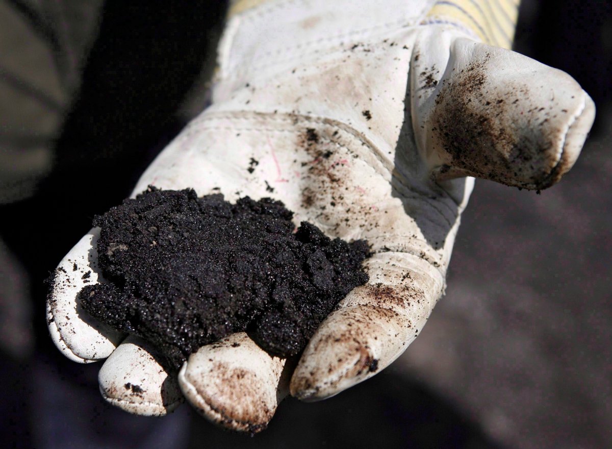 An oil worker holds raw sand bitumen near Fort McMurray, on July 9, 2008. The largest pension fund in Norway says it will no longer invest in companies that derive more than five per cent of their revenues from the oilsands and has therefore added four Canadian energy names to its no-go list. 