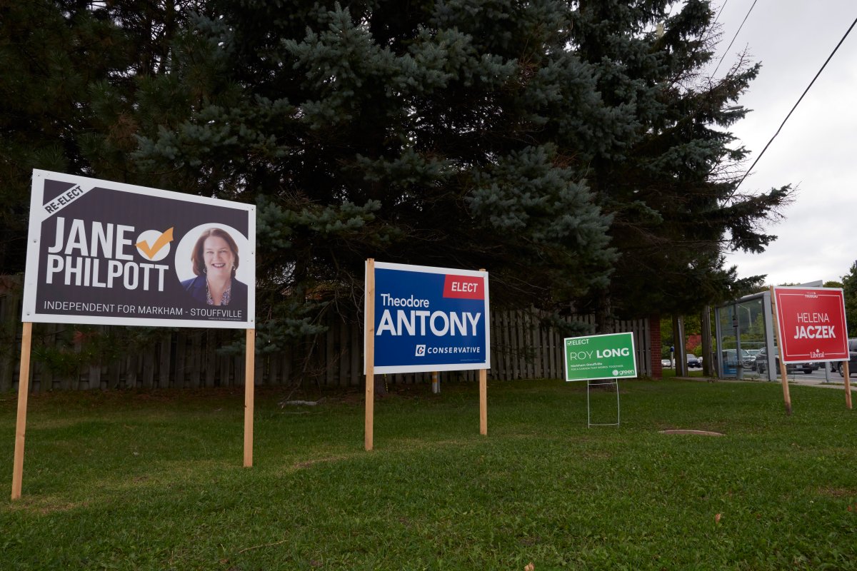 Federal election signs for competing parties in Markham in the Greater Toronto Area.