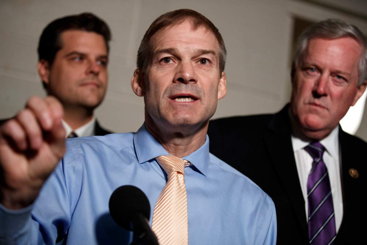 Republican Representative from Ohio Jim Jordan (C), with Republican Representative from North Carolina Mark Meadows (R), responds to a question from the news media in the US Capitol on Capitol Hill in Washington, DC, USA, 08 October 2019.