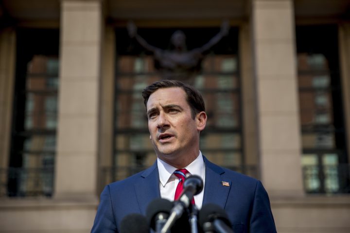 Attorney General for the Eastern District of Virginia G. Zachary Terwilliger announces the arrest of Henry Kyle Frese, a Defense Intelligence Agency official charged with leaking classified information to two journalists, including one he was dating, during a news conference outside the federal courthouse in Alexandria, Va., Wednesday, Oct. 9, 2019.
