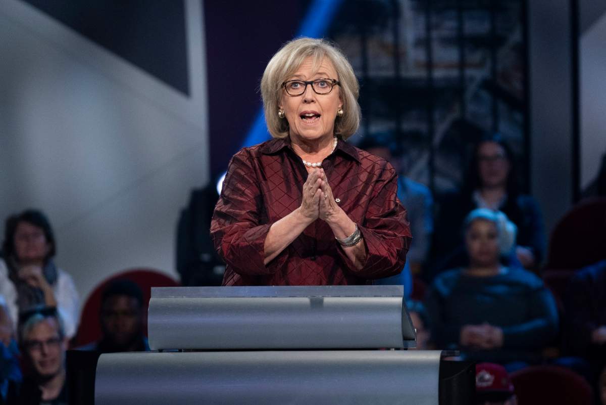 Green Party leader Elizabeth May speaks during the Federal leaders French language debate in Gatineau, Que. on Thursday, October 10, 2019.
