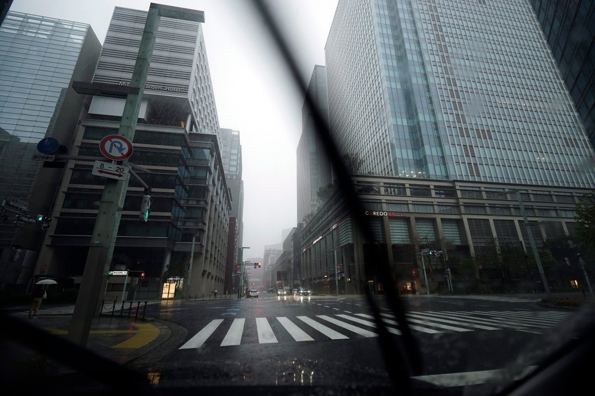 A street at center of city is empty as Typhoon Hagibis approaches in Tokyo Saturday, Oct. 12, 2019.