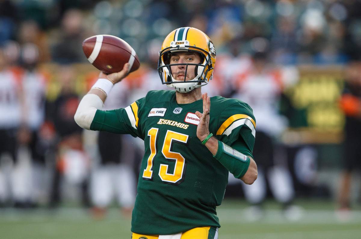 Edmonton Eskimos quarterback Logan Kilgore (15) makes the throw during first half CFL action against the B.C. Lions, in Edmonton on Saturday, Oct. 12, 2019.