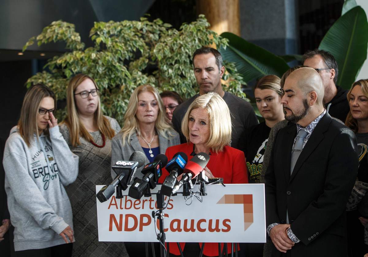 Rachel Notley, Leader of Alberta’s Official Opposition, joins several families who lost loved ones in the 2018 Humboldt bus tragedy to call on the UCP government to cancel plans to exempt truck and bus drivers from new safety standards, in Edmonton, Wednesday, Oct. 16, 2019.