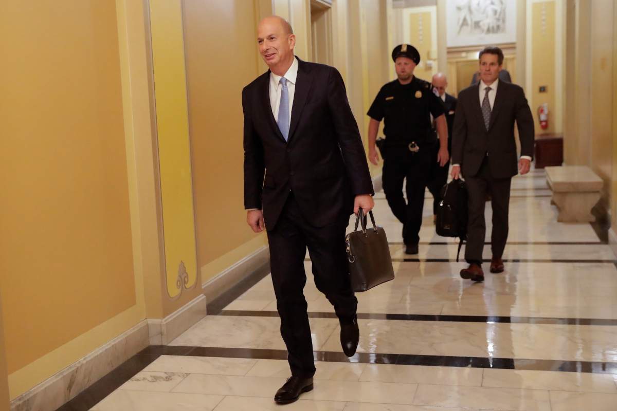 US Ambassador to the European Union Gordon Sondland arriving at the US Capitol in Washington, Thursday, Oct. 17, 2019. (AP Photo/Pablo Martinez Monsivais)