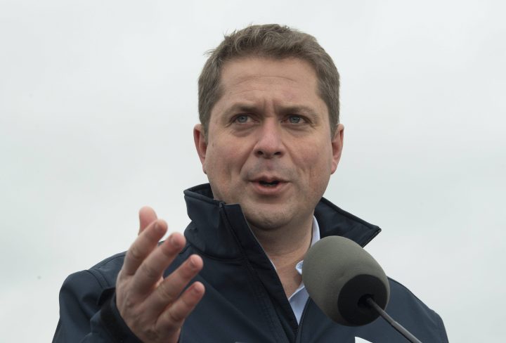 Conservative leader Andrew Scheer responds to a question 
during a campaign stop in Brampton, Ont., Thursday, October 17, 2019.