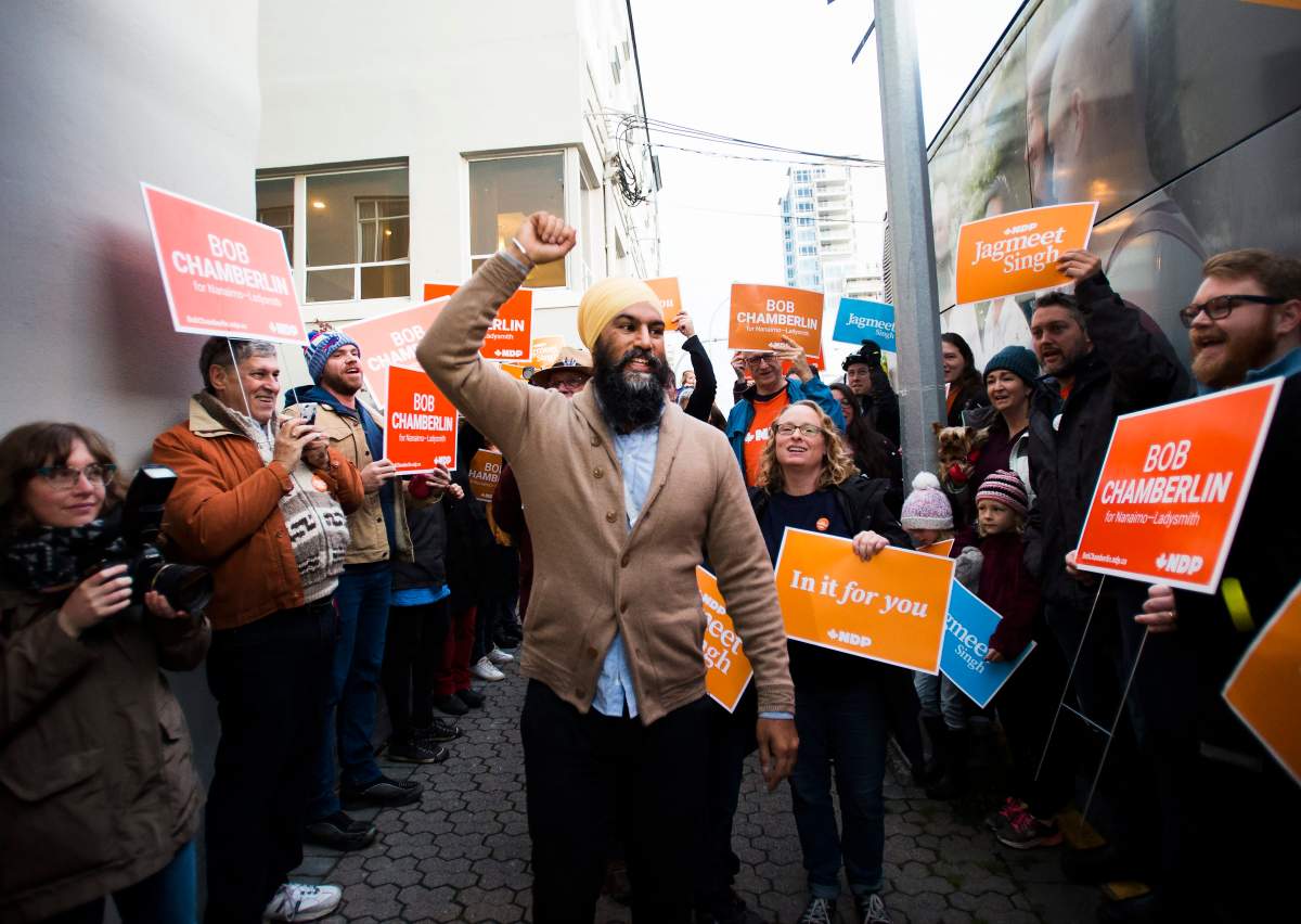 NDP leader Jagmeet Singh greets supporters during a campaign stop in Nanaimo, B.C.,  on Friday, October 18, 2019.
